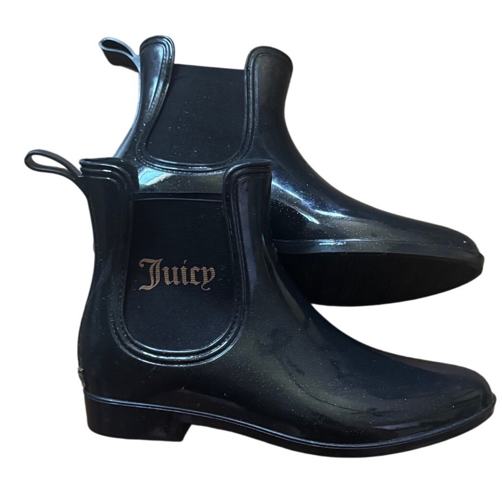 Juicy Couture Rori Black Sparkle Ankle Rain Boots Gold toned logo Elastic Side 6